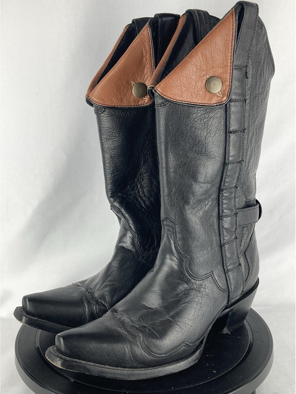 Women’s 6 JB Dillon Fold Over Cuff Western Cowgirl Boots Black Brown Leather